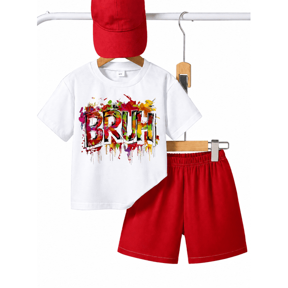 Boys Graphic T Shirt, Athletic Shorts and Baseball Cap, 3 Piece Outfit Set