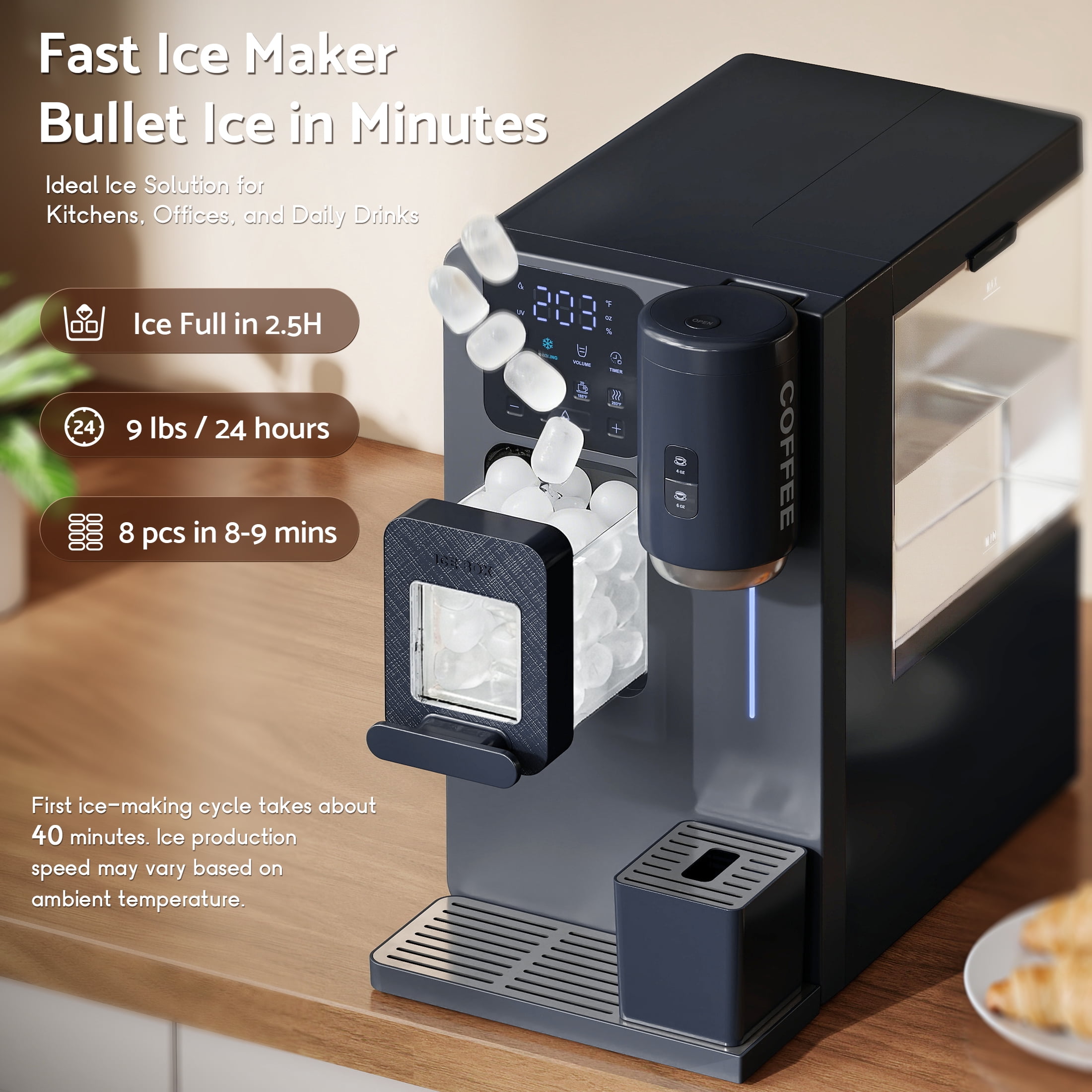 Flamemore 3-in-1 Countertop Water Dispenser with Ice Maker, Drip Coffee Maker, Hot/Cold Water & Bullet Ice, Self-Cleaning, UV Sterilization