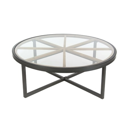 Decmode Industrial 14 X 39 Inch Iron And Chinese Fir Wood Clear Decmode Industrial 14 X 39 Inch Iron And Chinese Fir Wood Clear Glass Round Coffee Table