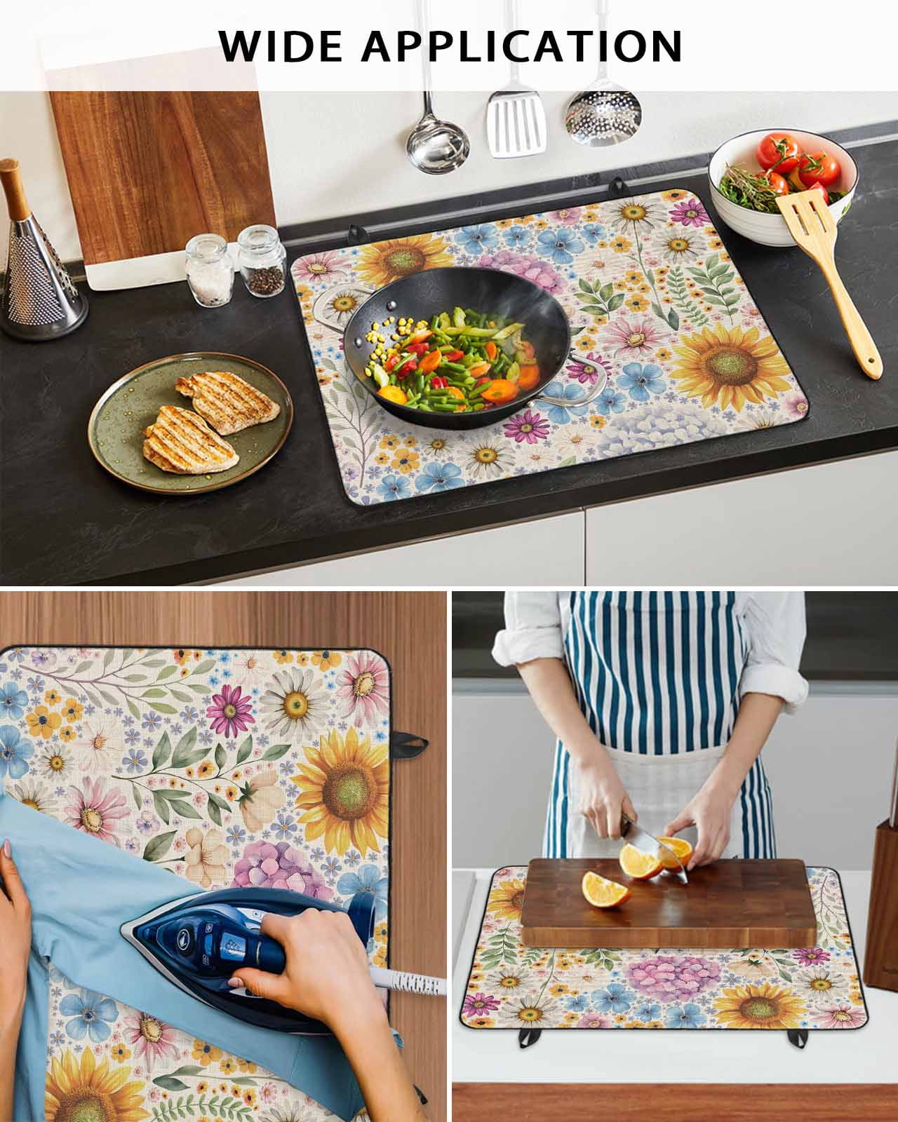 Large Induction Cooktop Protector Mat Sunflower Vintage Stove Top Covers for Electric Stove, Colorful Flowers Summer Botanical Retro Art Decorative Stove Burner Cover Mats, Glass Top Stove Cover