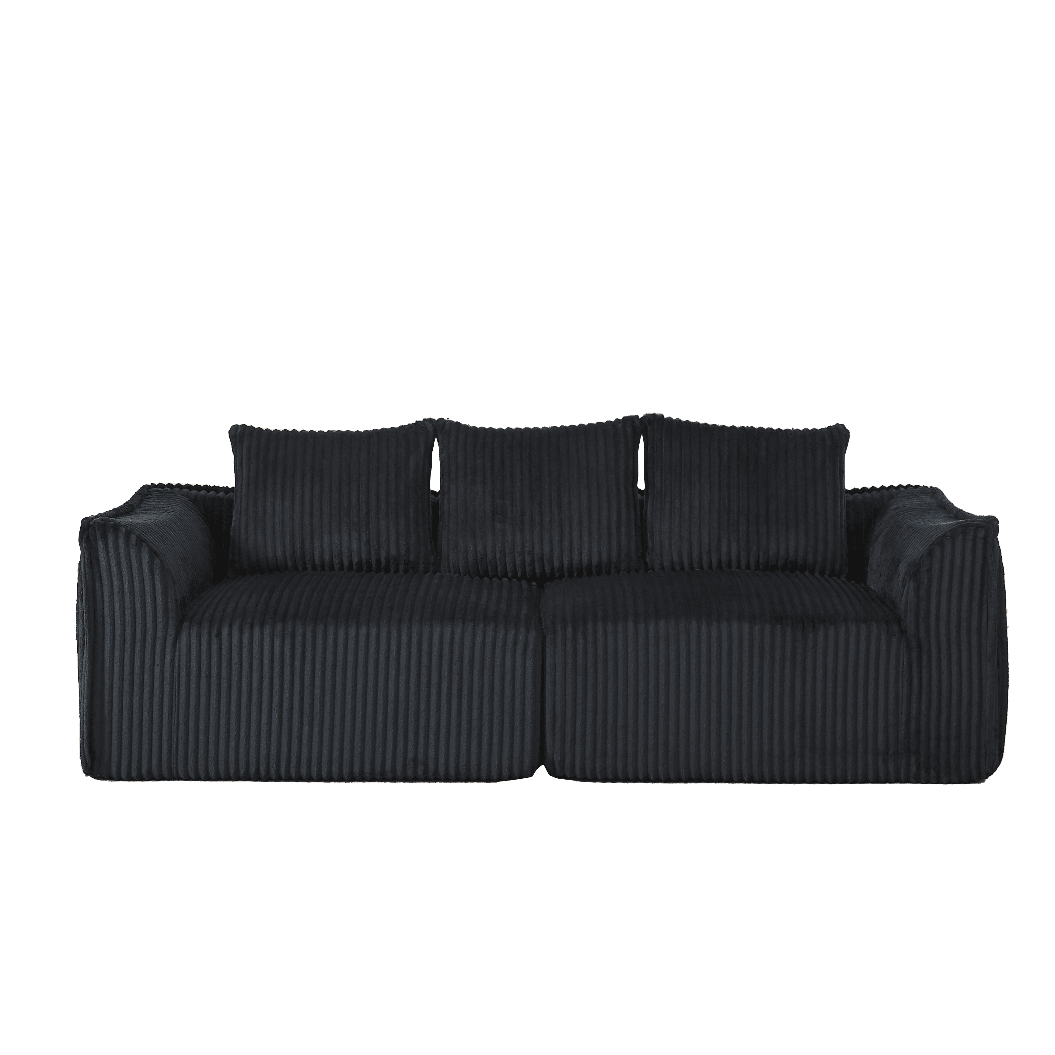 Leumius Corduroy Sofa for Living Room, Boneless Loveseat Couch with Gently Sloped Backrest and 2 Pillows,No Assembly,Black(3 Seat)