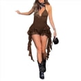 thumbnail image 1 of Body de Tirantes Finos para Mujer, Cuello en V con Cordones, Top Halter, Pantalones Cortos con Volantes, Mono para Fiesta en Club. Marrón S, 1 of 6