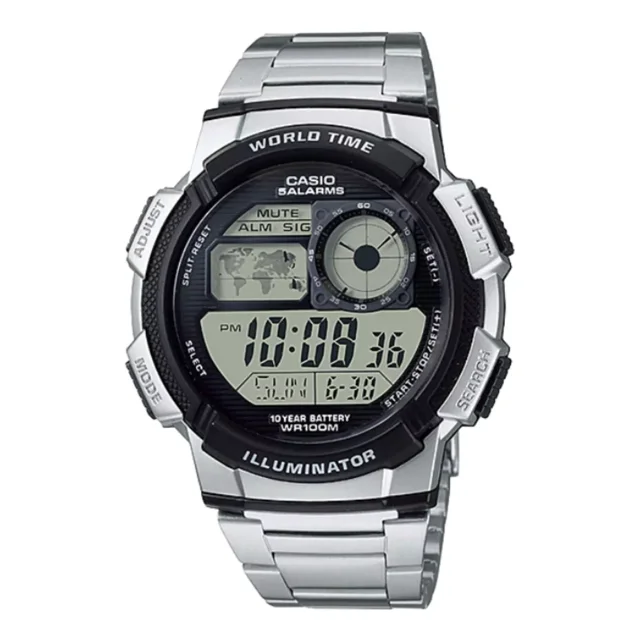 Reloj pulsera digital Casio AE-1000WD-1A con correa de acero inoxidable color plateado - fondo negro