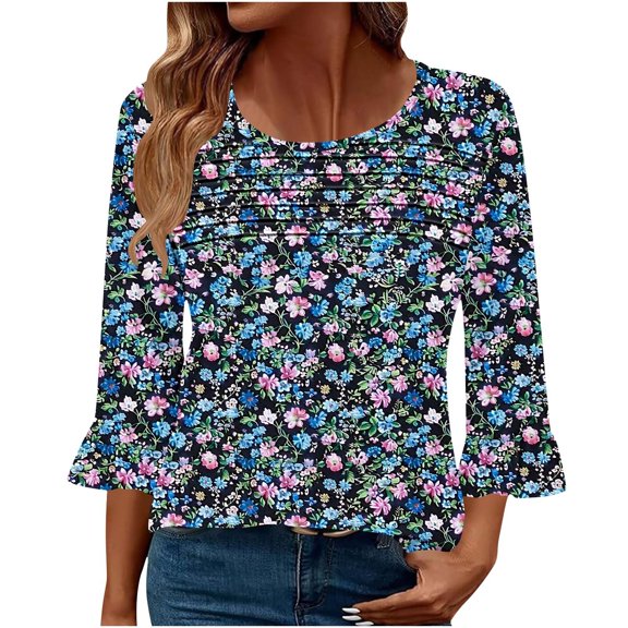 Ruimatai Women's Casual Round Neck Three-Quarter Sleeve T-Shirt with Leaf Sleeves & Chest Pleats, Soft Breathable Summer Top for Daily Wear