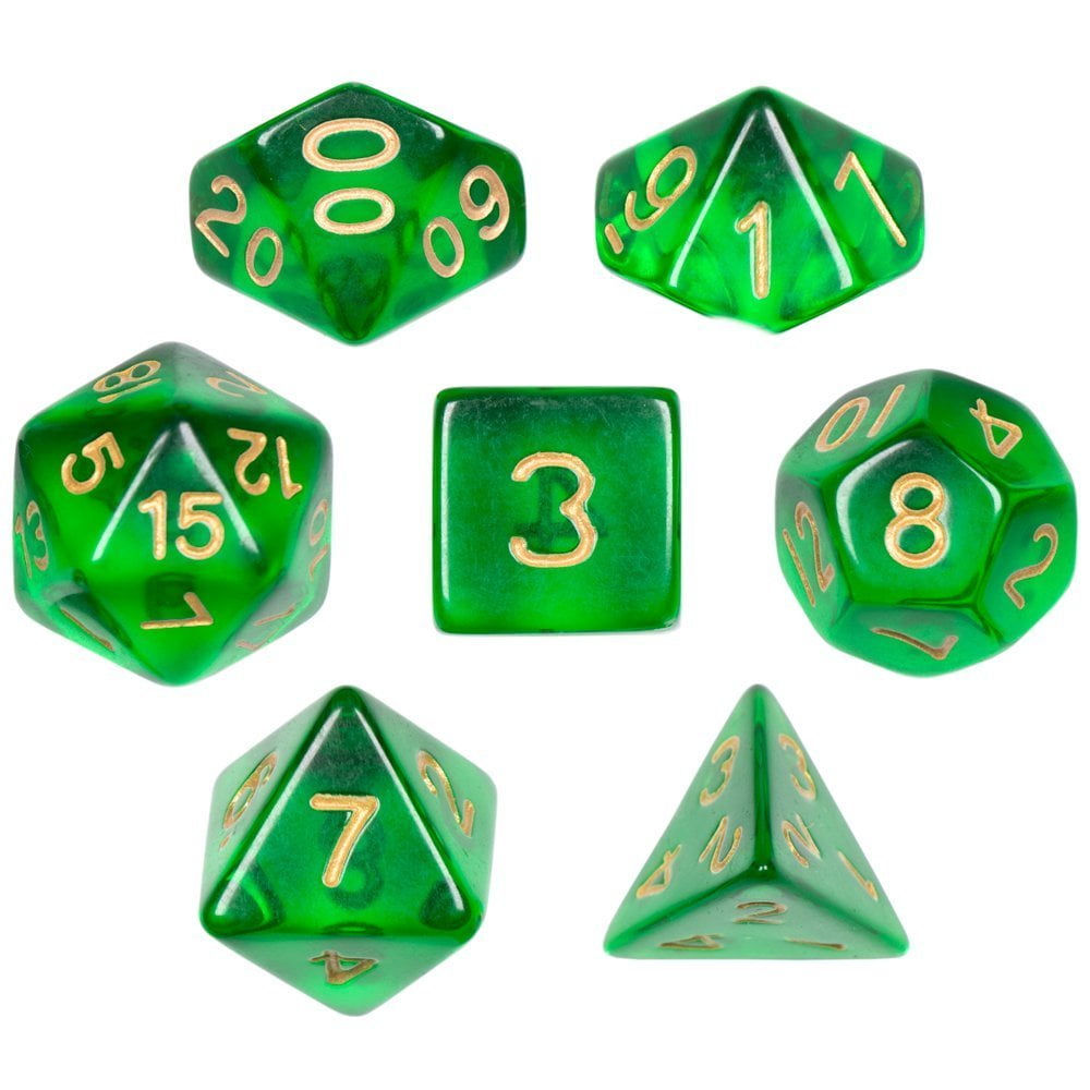 Dnd Polyhedral Dice, Green Translucent 7 Dice Polyhedral, With Velvet