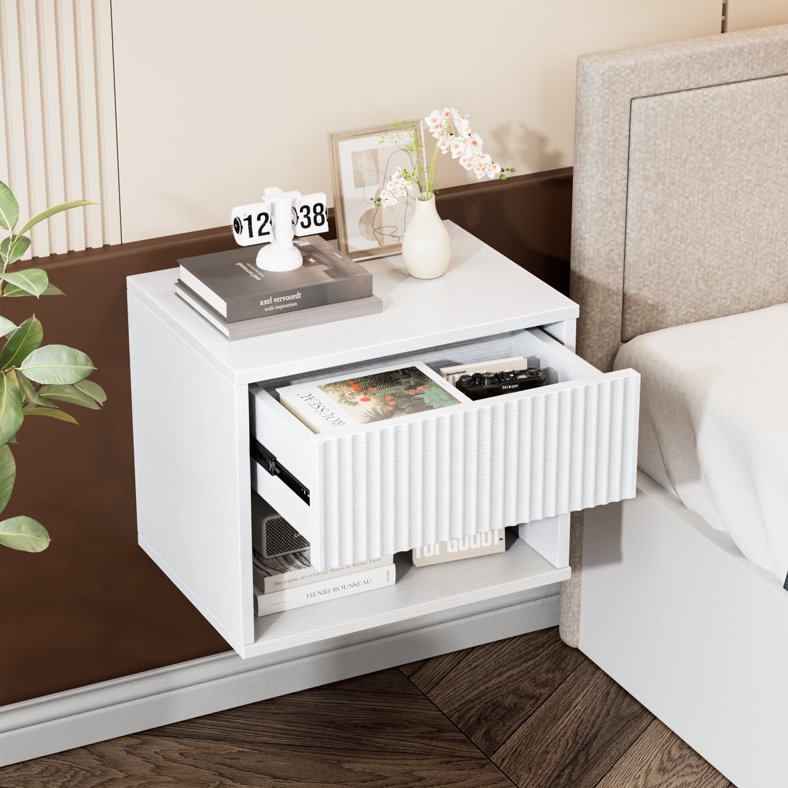 Zimtown Fluted Floating Nightstand Set of 1, End Table Wooden Bedside Table Large Capacity Easy to Assemble, White