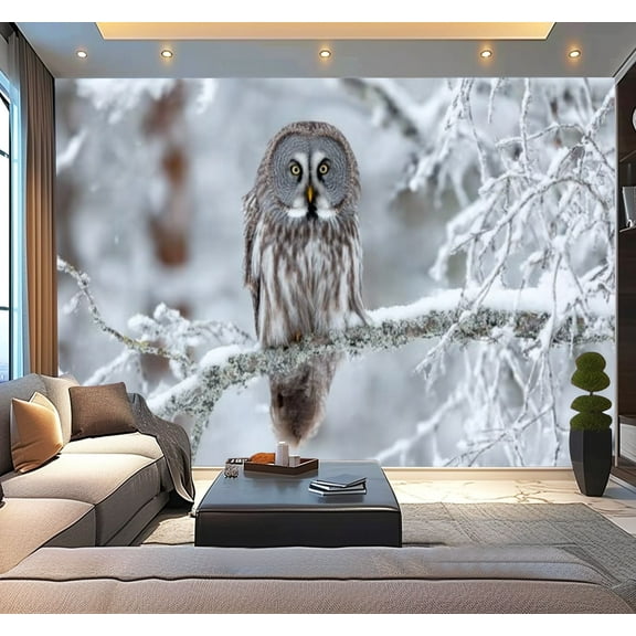 Peel and Stick Wallpaper Close up Great Grey Owl perched tree winter Modern Art Wall Mural Decor Self Adhesive and Removable 100in x 144in
