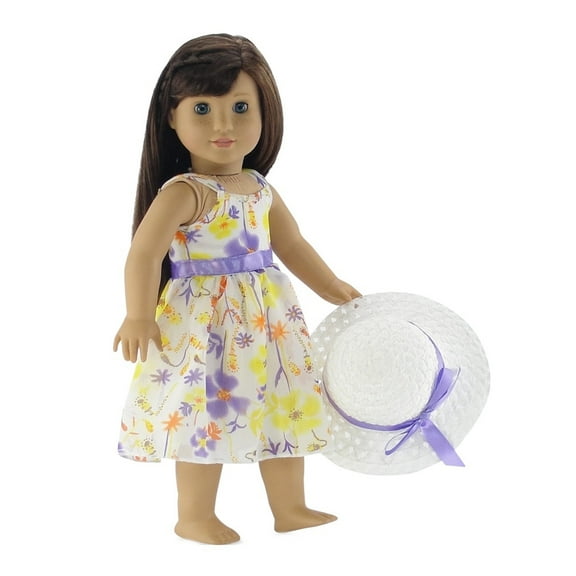 Emily Rose 18 Inch Doll Clothes | Gorgeous Floral Spring 18 Inch Doll Chifon Dress with Purple Trim, Including White Doll Hat with Matching Ribbon | Compatible with 18" American Girl Dolls
