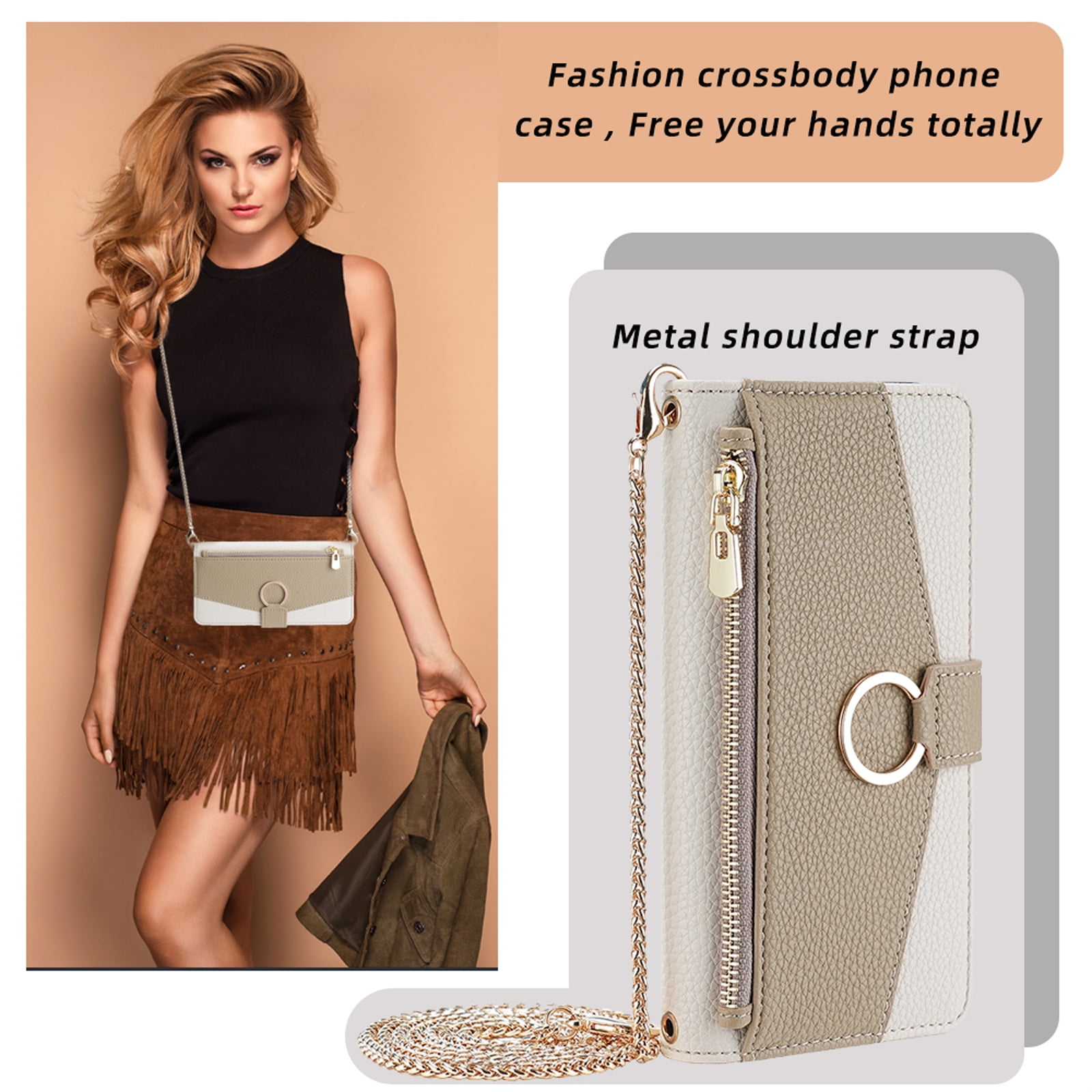 Phone Case for Samsung Galaxy S26 Ultra Zipper Wallet Cover with Make-up Mirror, Flip Cover PU Leather Ring Card Holder Kickstand Crossbody Strap Chain Cell Phone Case Cover for S26 Ultra, White