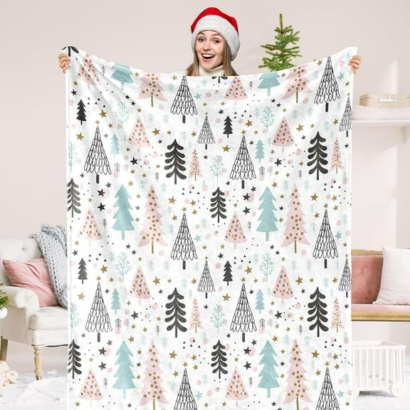 Christmas Fuzzy Blanket Pastel Xmas Tree Throw Blanket 50 x 60 Inch Blue Pink Forest Blanket for Winter Home Chair Sofa Couch Bed