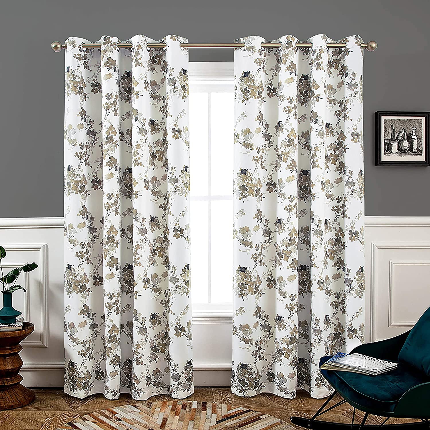 DriftAway Ryan Sketch Branch Leaves Blackout Room Darkening Grommet Lined Thermal Insulated Energy Saving Window Curtains 2 Layers 2 Panels Each 52 Inch by 84 Inch Black Line 