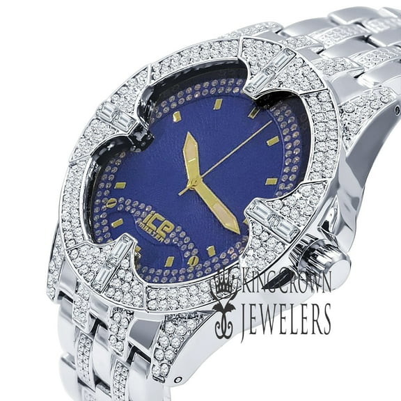 Mens Blue Dial 18K White Gold Finish Jojino Joe Rodeo Lab Simulated Diamonds Watch 46mm