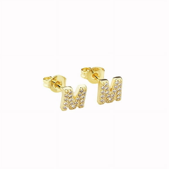 Bonjour Jewelers 14k Yellow Gold Created White Sapphire Initial M Letter Stud Earrings Plated