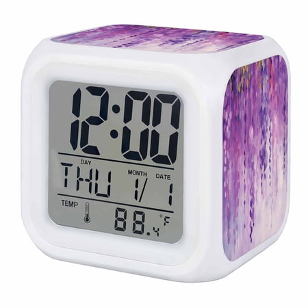 Purple Botanical Digital Alarm Clock for Bedrooms,Smart LED Alarm Clock with 7 Color Night Light,Watercolor Spring Floral Oil Painting Elegant Silent Wake Up Clocks for Sleep Study Cooking 3.2x3.2