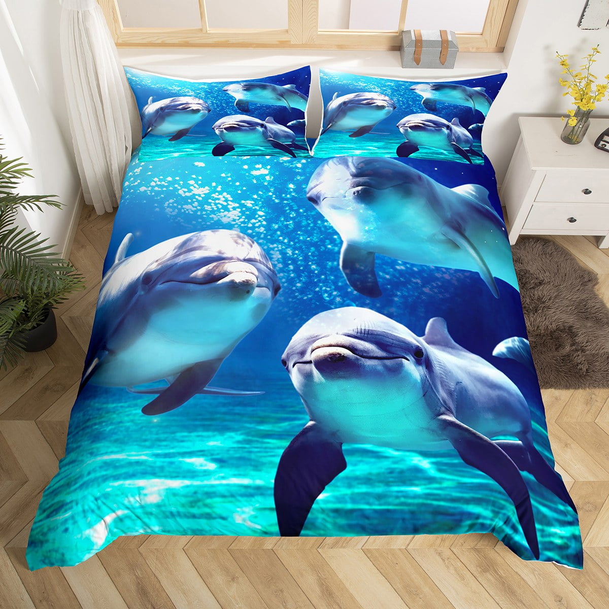 Cute Dolphin Duvet Cover Full, 3D Dolphin Bedding Set for Kids Boys