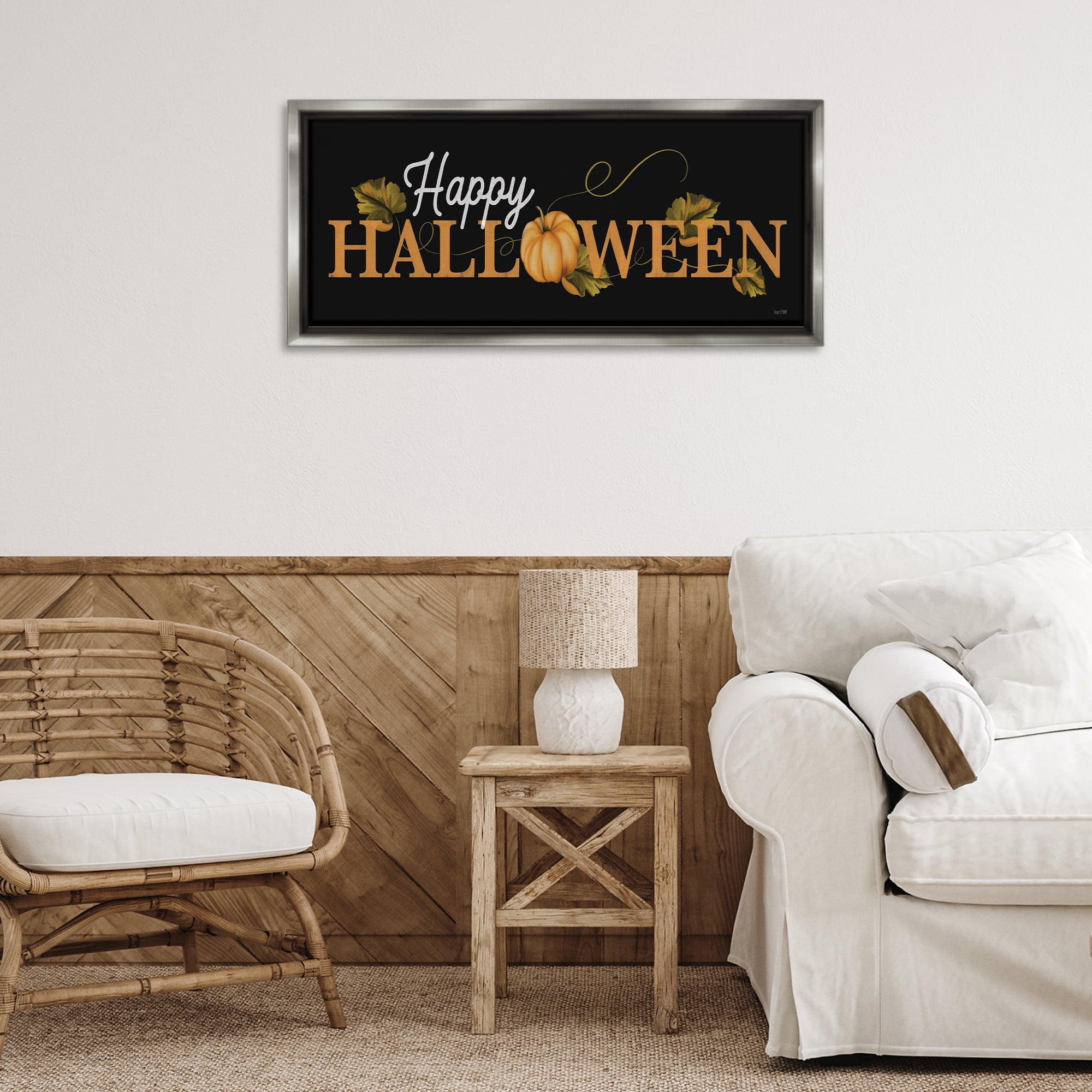 Stupell Industries Happy Halloween on Black Holiday Painting Gray Floater Framed Art Print Wall Art, 31 x 14