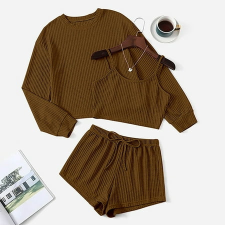 

Miayilima Pajama Sets For Women Pajama Pullover Casual Round Neck Long Sleeve Three Piece Loose Shorts Set Size S