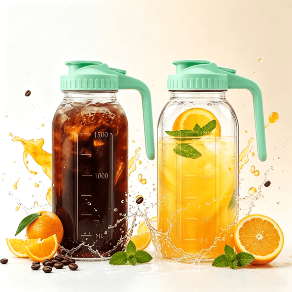2-Piece Glass Beverage Pitcher with Green Lid & Handle, Leakproof Water Carafe with Scale, Iced Tea & Juice Pitcher for Fridge, Kitchen(Green)