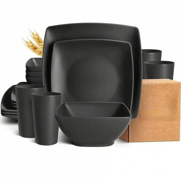 16/32Pcs Plastic Square Dinnerware Set - 4-Person Service, Dishwasher & Microwave Safe, Stackable Space-Saving with Dinner Plates, Salad Plates, Bowls & 20 Oz Tumblers