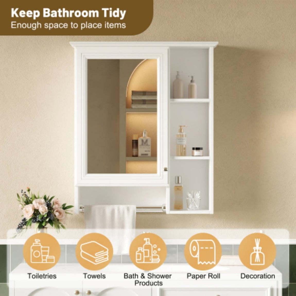24" Wall Mounted Medicine Cabinet with Mirror, Bathroom Storage Cabinet with Adjustable Shelf, Soft Close Door & Towel Bar, Modern Over Toilet Organizer, White
