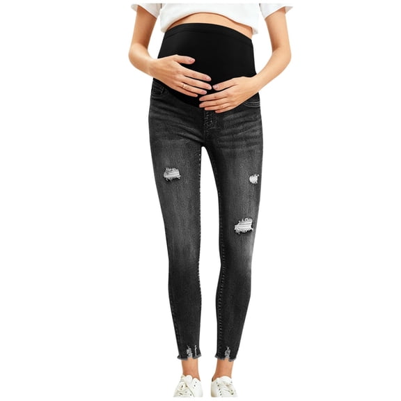 FAVIPT Jean Pants for Pregnant Women Over Belly Elastic High Waist Skinny Stretchy Denim Pants Ripped Distressed Washed Pant Black,S