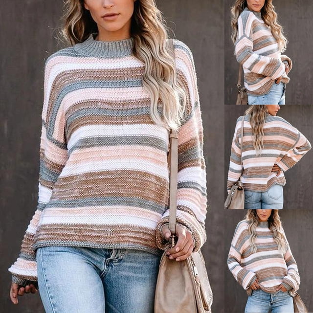 RKSTN Sweaters for Women Casual Long Sleeve Color Block Stripe Knit Sweater Lightweight Pullover Fall Sweaters