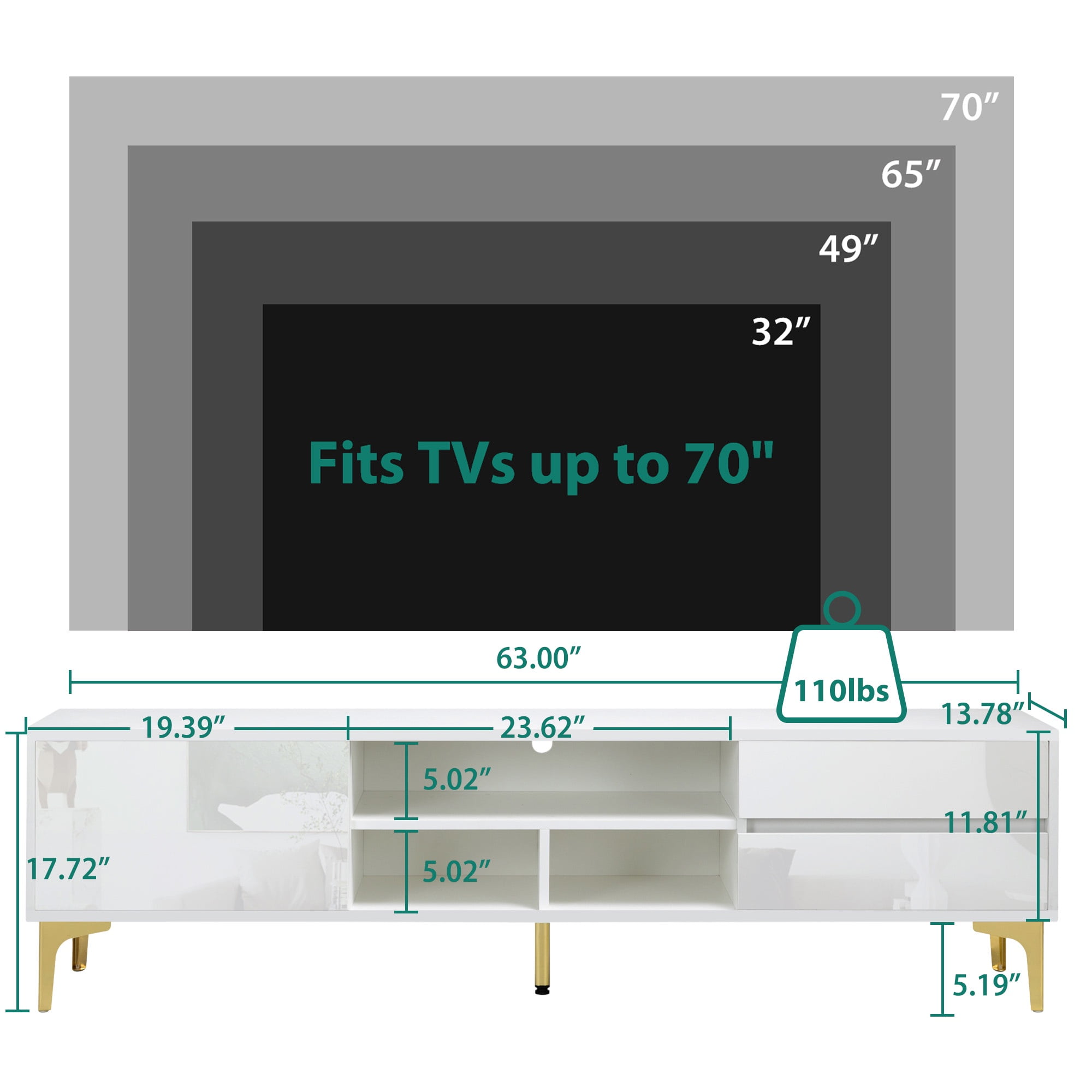 SESSLIFE TV Stand for 70 Inch TV, TV Console Table with RGB LED Lights, Modern Wood Entertainment Center with Cabinet and Drawers, TV Cabinet for Living Room, Bedroom, White
