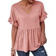 thumbnail image 3 of Xuanfei Women Solid Color V Neck Front Criss Cross Frill Short Sleeve Blouse, 3 of 5