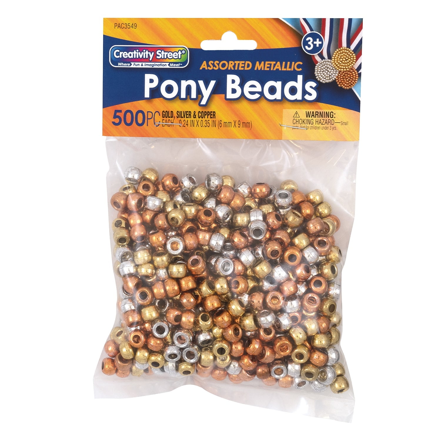 Creativity Street® Pony Beads, Gold, Silver & Copper, 6 mm x 9 mm, 500 per Pack, 3 Packs
