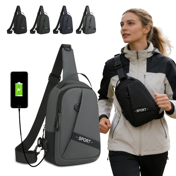 AZXY Sling Bag, Gray Water Resistant Polyester Crossbody Backpack with USB Charging Port, Lightweight Multi-Pocket Casual Chest Bag for Sports Outdoor Travel Commute Daily Use