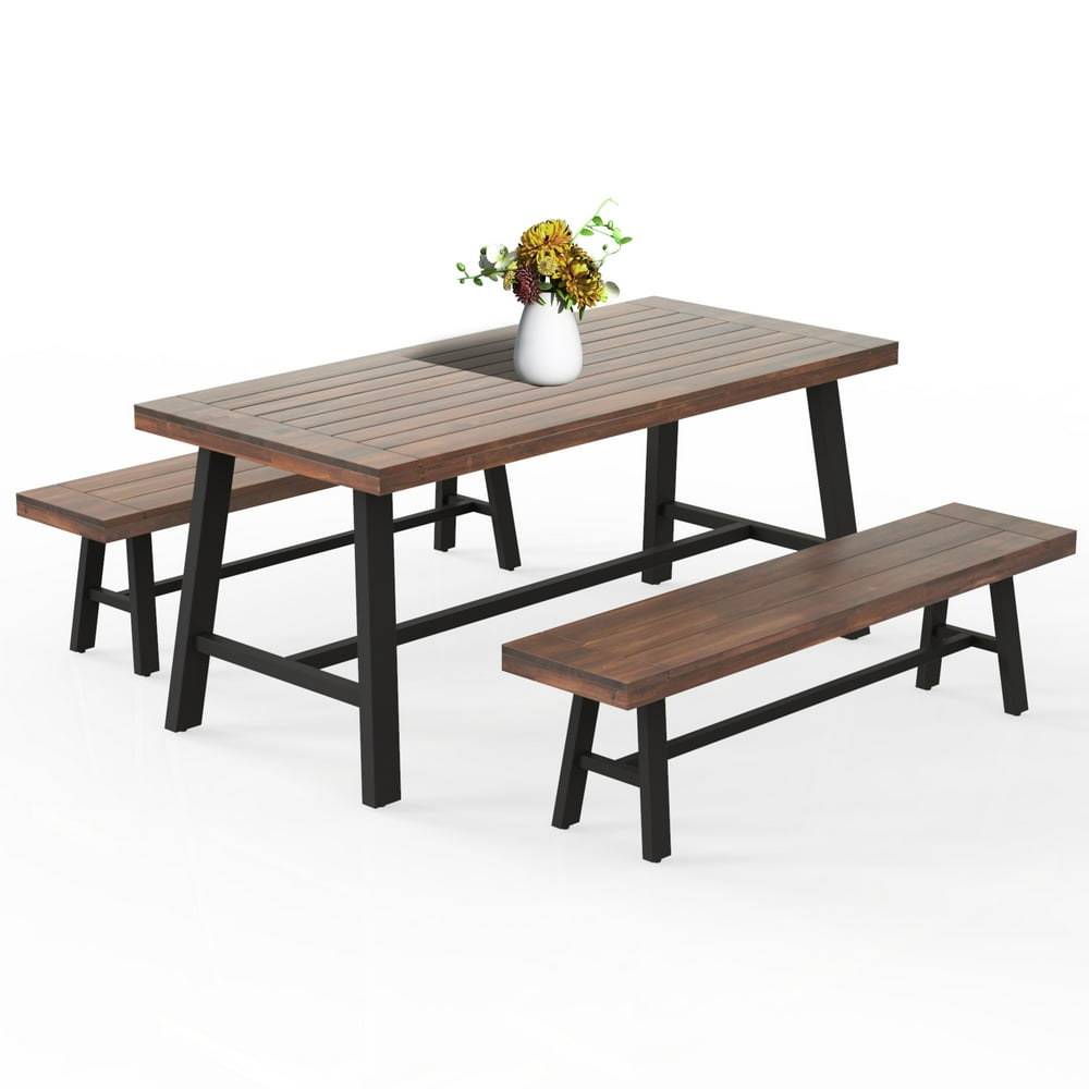 Outdoor Table and Bench Set Solid Wood, Walnut, Picnic Table, Solid Wood Bench Set up to 4 Seat