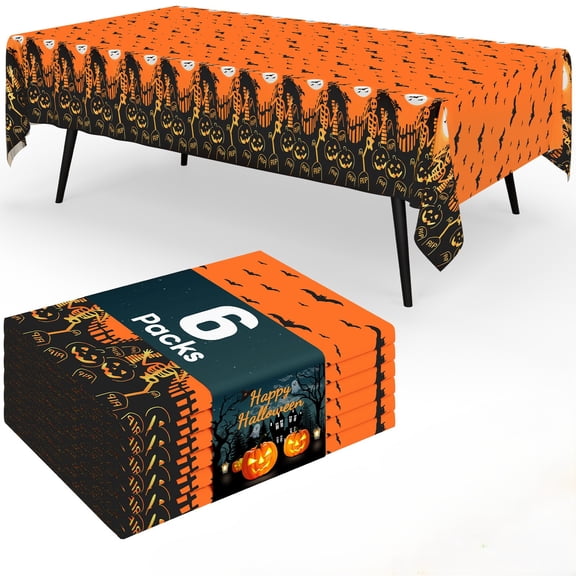 decorUhome Disposable Halloween Tablecloth - 6 Pack, 54 x 108 inch Decorative Rectangular Table Cover, Waterproof Plastic Tablecloth, Black & Orange