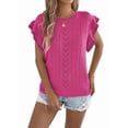 thumbnail image 3 of Women Cap Sleeve Tops Summer Crew Neck Shirt Crochet Knit Sweater Rose Red S, 3 of 9