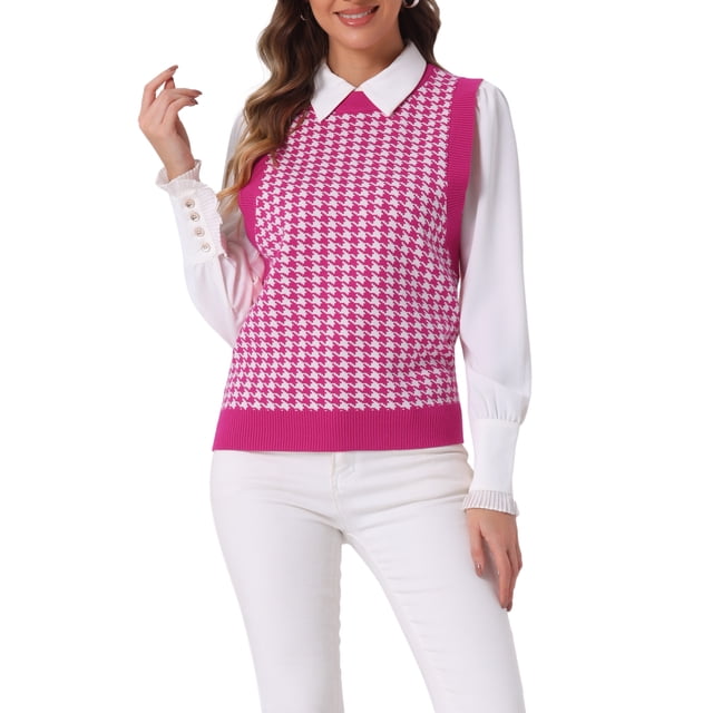 Suéter sin mangas de cuello redondo de mujer INSPIRE CHIC, con estampado de pata de gallo, tejido, talla L, color rosa fuerte
