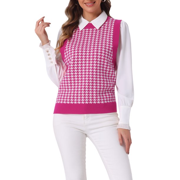 Suéter sin mangas de cuello redondo de mujer INSPIRE CHIC, con estampado de pata de gallo, tejido, talla L, color rosa fuerte