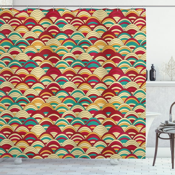Scale Shower Curtain, Repeated Pattern of Striped Squama in Retro Style, Fabric Bathroom Set with Hooks, 69W X 70L Inches, Pale Camel Vermilion Dark Seafoam and Apricot, by Ambesonne