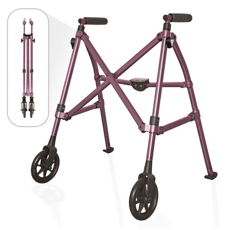 Stander Space Saver Walker Short, Lightweight Folding Walker for Seniors, Petite Junior Walker with Wheels, Two Wheeled Rolling Walker with Rear Ski Glides, Regal Rose