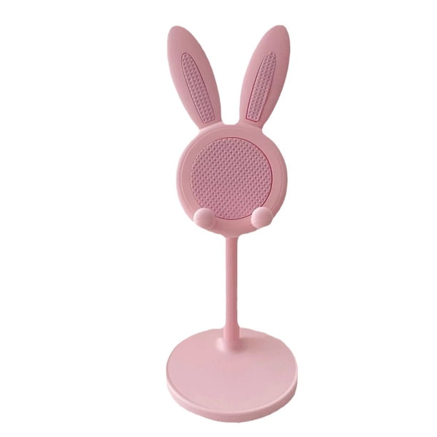 Lindo soporte para teléfono celular, soporte ajustable para teléfono con forma de conejito para escritorio, compatible con estuche grueso (rosa)