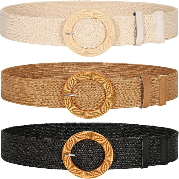 SUTENGDA Lot de 3 Ceintures Élastiques Tissées en Paille pour Femmes, Larges et Extensibles, Ceinture de Taille en Raphia pour Robe d'Été