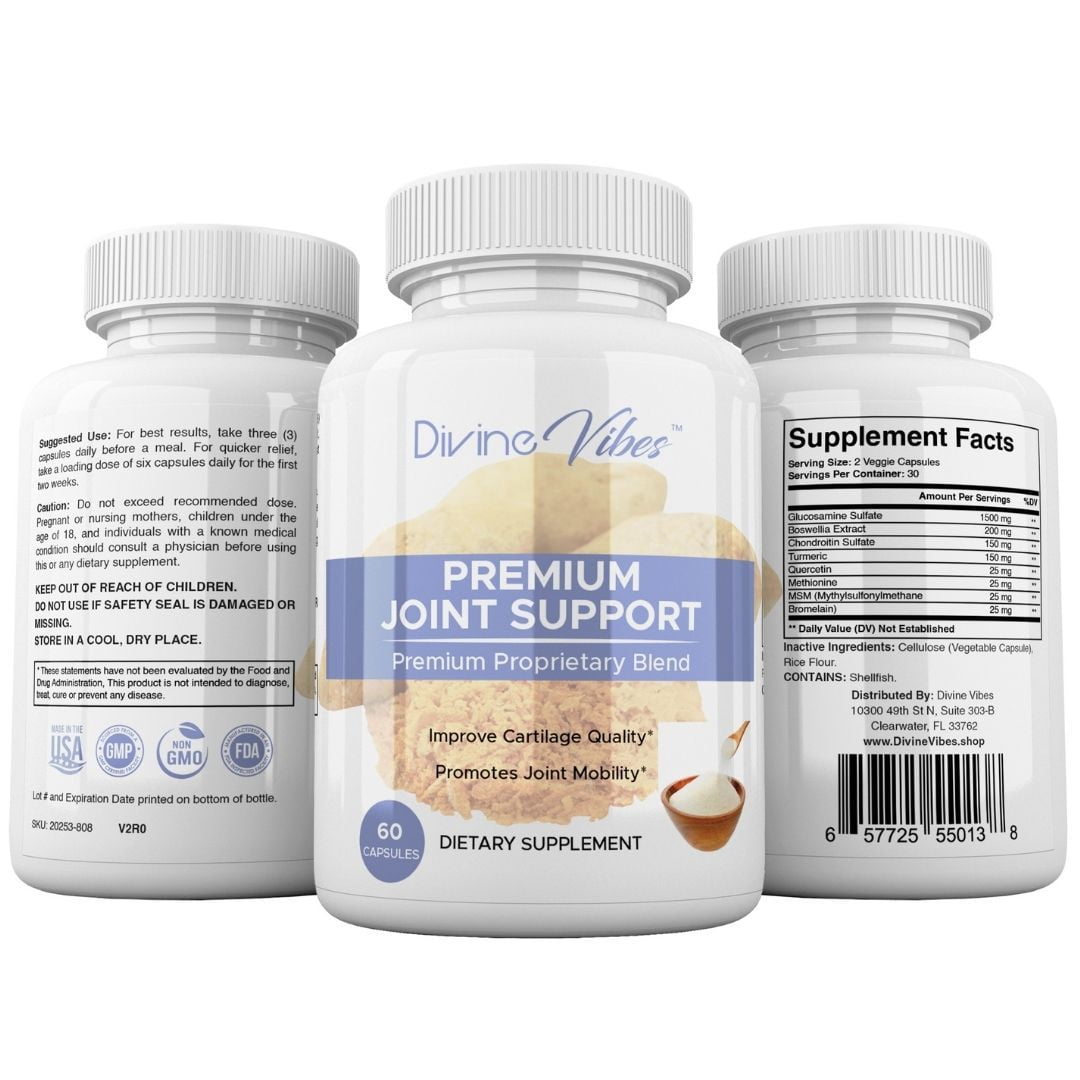 Divine Vibes Premium Joint Support Supplement - Glucosamine Sulfate, Chondroitin, MSM & Turmeric - Mobility & Cartilage Formula - 60 Capsules