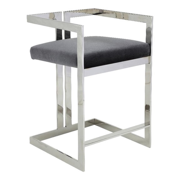 Benjara Suki 26" Counter Stool Chair- Gray Velvet- Silver Stainless Steel Frame