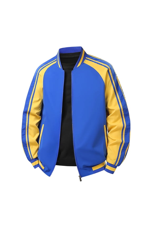 Stand Collar Stripe Baseball Jacket Men Stand Collar Zip Up Lightweight Casual Streetwear Jacket Blue XXL
