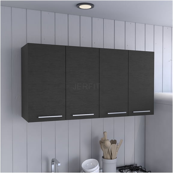 JERFIT 4-Door Wall Mount Kitchen Cabinet with Adjustable Shelves, Black Wengue Finish Storage Organizer for Bathroom, Living Room