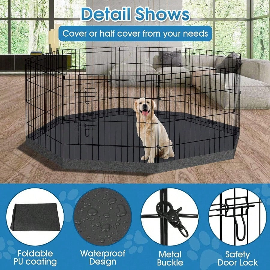 Dog Pen Pet Playpen Dog Fence Indoor Foldable Metal Wire Exercise Puppy Play Yard Pet Enclosure Indoor Outdoor 8 Panels 24 Inch with Bottom Pad/Top Cover Black with Bottom pad