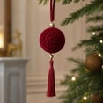thumbnail image 2 of Luxcidy Burgundy Velvet Christmas Ball with Tassel, 8 cm Embossed Flocked Ornament with Satin Ribbon and Gold Bead for Holiday Party and Festive Home Decor, 2 of 8