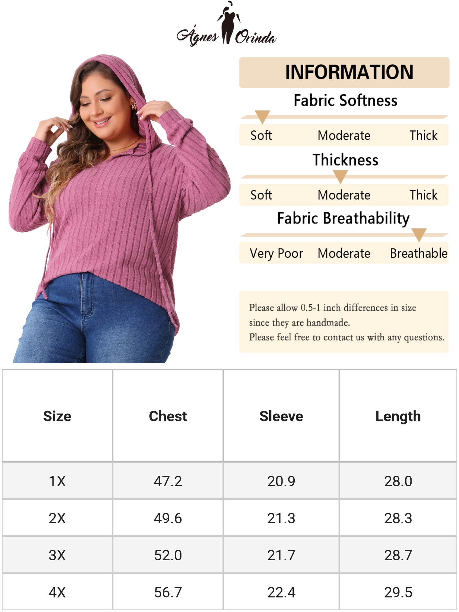 DARING DIVA Women's Plus Size Fashion Hoodie Lightweight Drawstring Sweatshirts 1X Pink