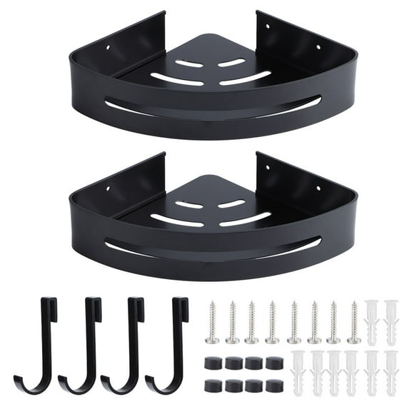 Fyearfly Étagère Murale d'angle Support de Rangement Double Couche Étagère d'angle Présentoir Organisateur avec Crochets pour Chambre Salon Maison Salle de Bain Cuisine Noir
