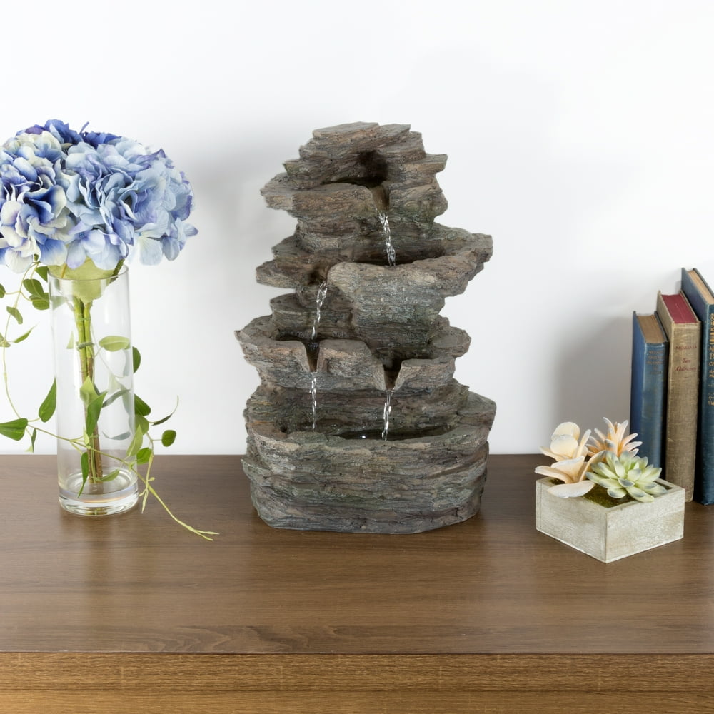 Pure Garden Tiered Stone Tabletop Fountain with Rock Waterfall and LED