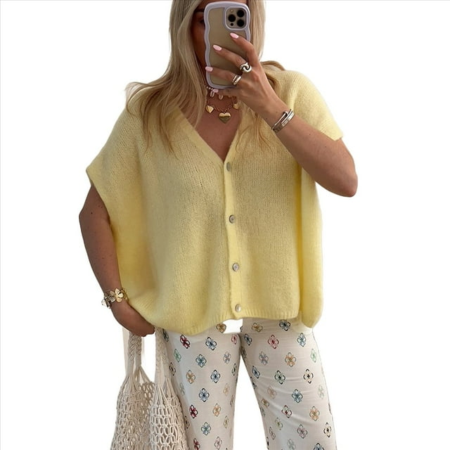 Suéter de Punto Informal de Verano para Mujer, de Corta, Holgado, con Botones y Cuello en V, Color Amarillo, Talla S