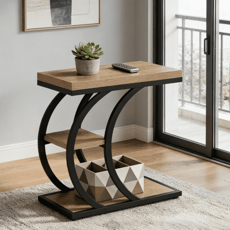 C-Shaped Side Table with 3 Storage Shelves Thick Particleboard Metal Frame End Table with Adjustable Feet Narrow Space Saving Accent Table Nightstand for Living Room Bedroom